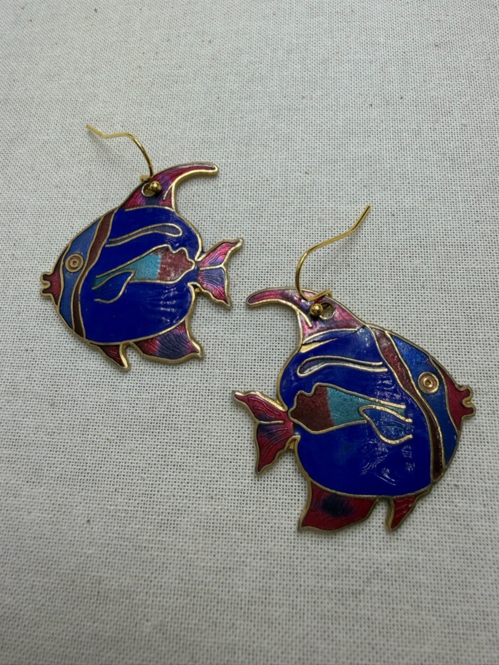 Vintage Cloisonné  Blue Enamel Fish Earrings - Colorful Tropical Design #327CE